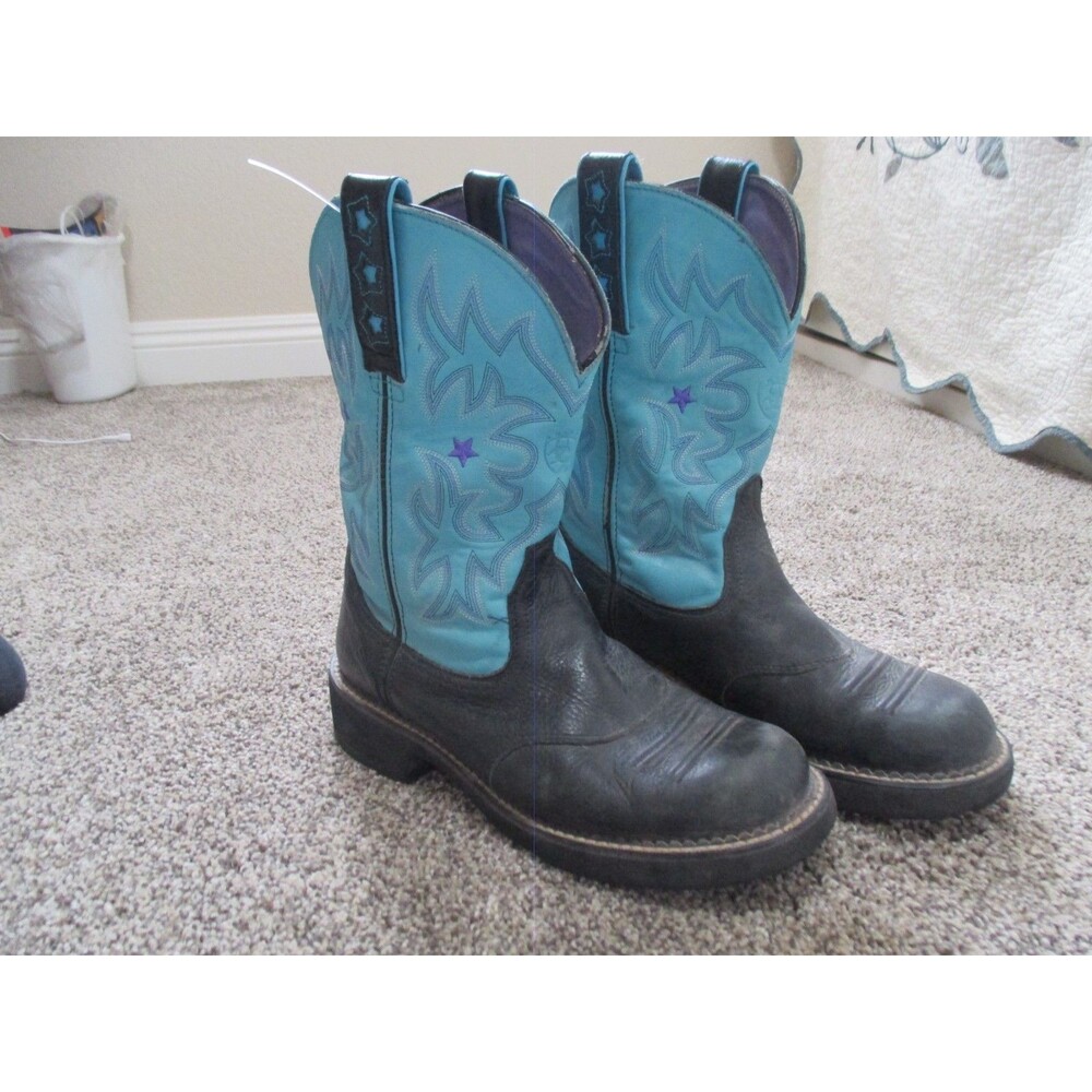 Ariat ProBaby Womens 11B Western Cowboy Boots Black Leather Turquoise Blue Star